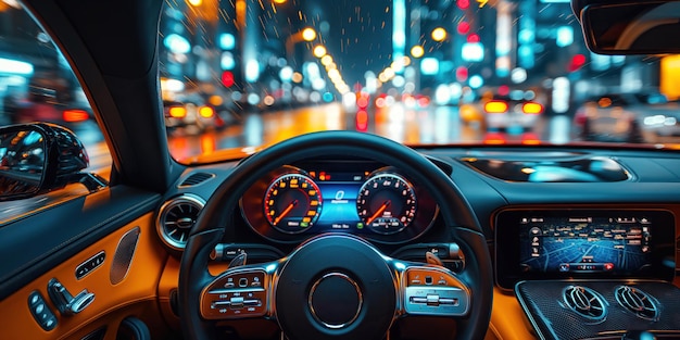 dashboard stuurwiel en snelheidsmeter in een luxe sportwagen Interieur salon van een moderne auto op de bestuurder POV close up Nacht stad bij regen achter voorruit