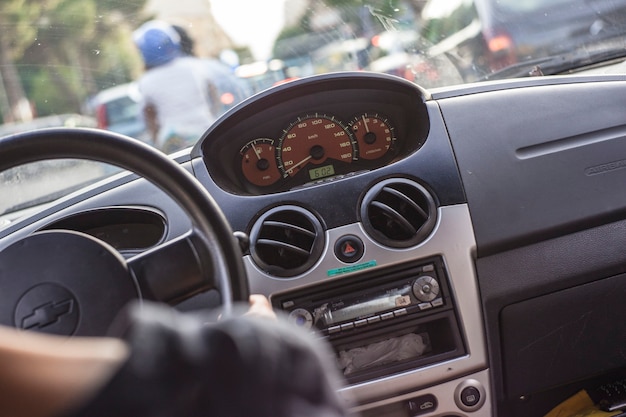 Dashboard of a utility car in the traffic