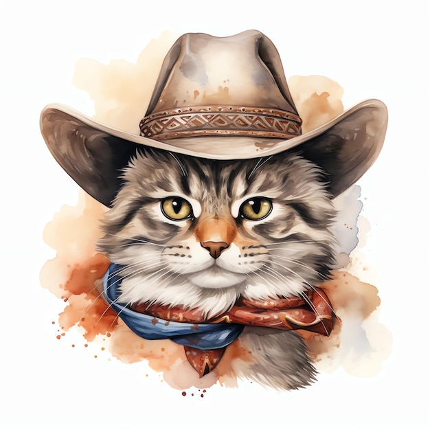 Photo dashing cat in a cowboy hat and bandana ready to yeehaw watercolor style illustration for