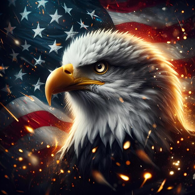 A dashing eagle with an American flag background to celebrate American Independence Day