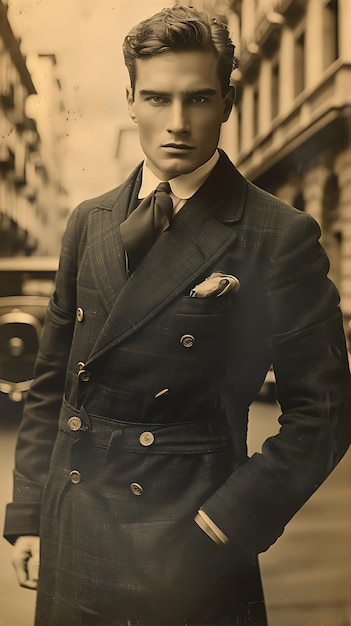 Foto un elegante modello maschile in un abito a doppio petto su misura con uno stile boutique all'avanguardia