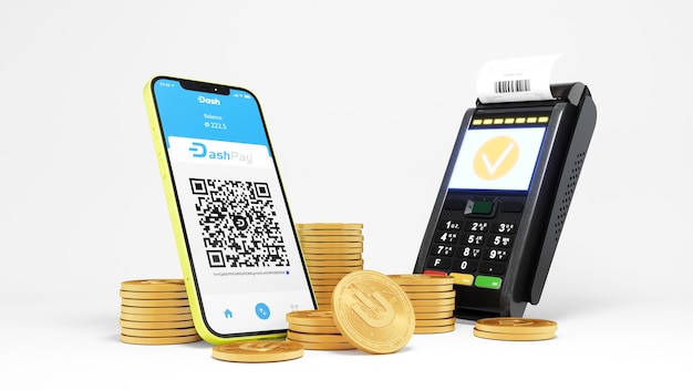 Foto transazioni veloci di criptovaluta del sistema dashpay. moneta crittografica digitale dash e terminale di pagamento. crypto paga tramite sfondo del telefono. rappresentazione 3d.