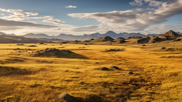 ダシュト・アルジャンスの草原 山を背景にした秋の草原の夕方のパノラマ写真 イラン・ファールス地方の典型的な秋の風景