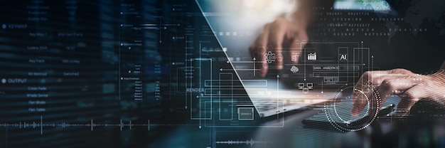 Data-analyses AI en database management technologie IT-specialist werkend op digitale tablet verbinding met cloud server en data center technologie achtergrond data science en engineering