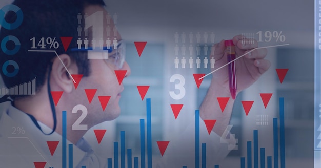 Data and analysis against health worker wearing glasses and handling a tube