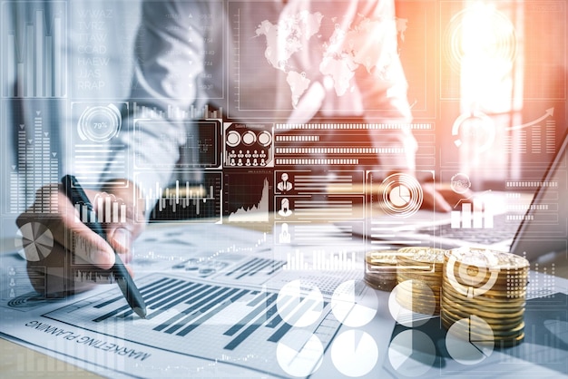 Data Analysis for Business and Finance Concept. Graphic interface showing future computer technology of profit analytic, online marketing research and information report for digital business strategy.