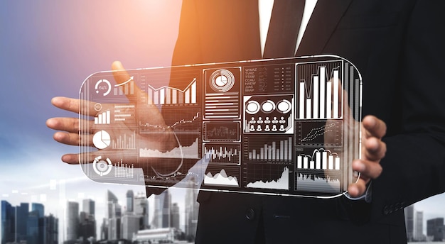 Data Analysis for Business and Finance Concept. Graphic interface showing future computer technology of profit analytic, online marketing research and information report for digital business strategy.