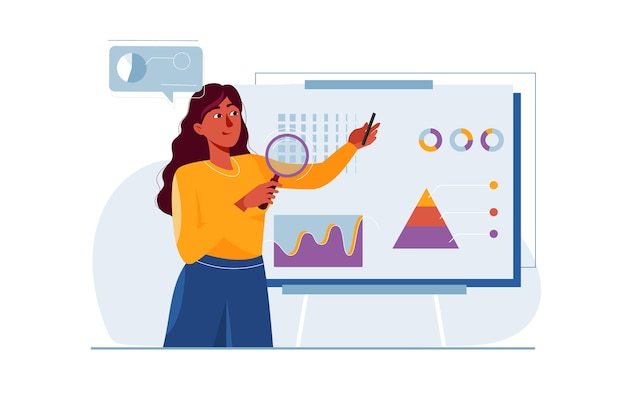 Photo data analysis concept with people scene in the flat cartoon style the specialist analyzes the data