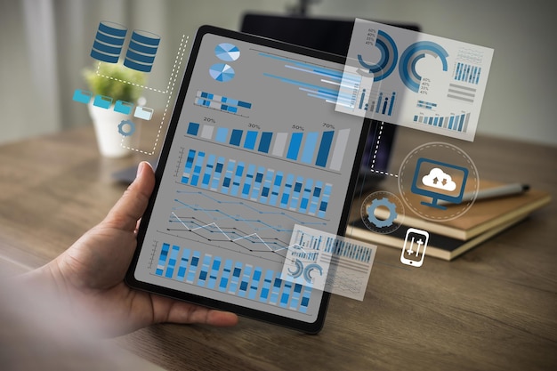 Foto analisi dei dati data mining e analisi dei grafici processo e strategia di marketing aziendale concetto di statistiche finanziarie rete di backup alla connessione di archiviazione