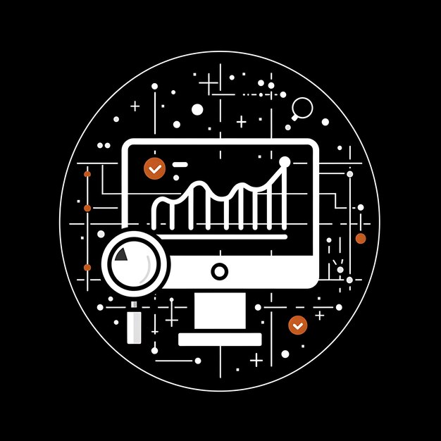 Data analysis graphic with computer screen displaying growth trends and metrics