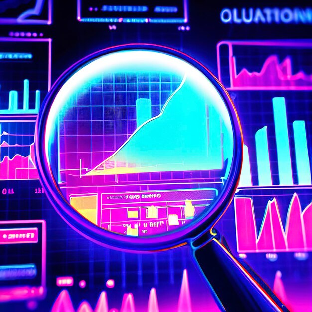 Foto ottimizzazione dei motori di ricerca per l'analisi dei dati o grafici della lente d'ingrandimento seo grafici schermo ultravioletto e neon