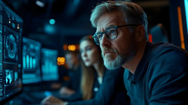 data analysis team monitors security operations center dashboard