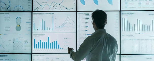 a data analyst visualizing key metrics on an interactive screen optimizing business processes with predictive analytics