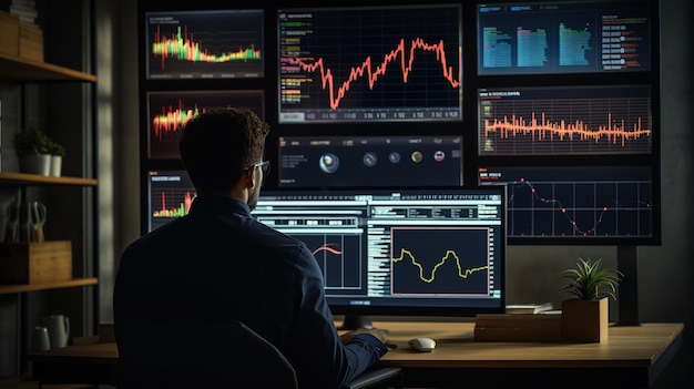 Data Analyst at Work Multitasking in a HighTech Environment with Multiple Computer Screens Displaying Graphs Charts and Maps