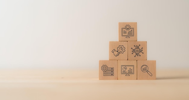 data analytics visualization concept wooden cube blocks with the representing data analytics ai and various data management tools integrating technology in data analysis and decisionmaking