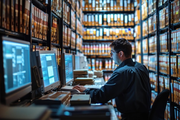 a data archivist using advanced software to categorize and store large volumes of digital data the scene depicts a highly organized digital archive with multiple monitors displaying data management