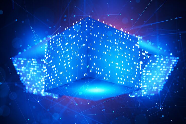 Photo data block cube with binary code computer code abstract technical background big data binary code hacker attack blockchain artificial intelligence digital technologies ai 3d rendering
