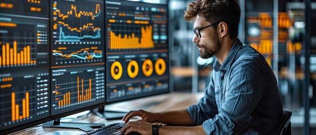 For data business analysis analysts use a computer and a dashboard with KPI and metrics linked to the database for technology finance operations sales and marketing