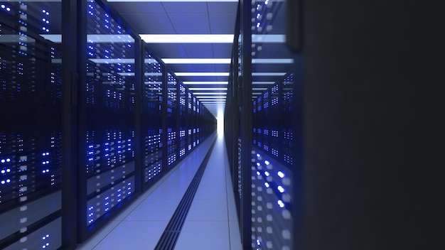 Data Center Computer Racks In Network Security Server Room Cryptocurrency Mining Farm or Hosting Storage Connected Dots Programming Code And Binary Concept 3D render dark blue