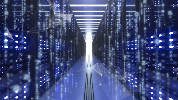 data center computer racks in network security server room cryptocurrency mining