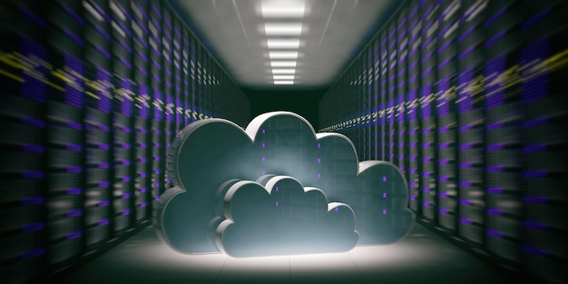 Data center computer room and cloud 3d illustration