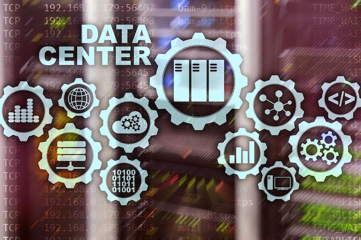 Photo data center of the future on a virtual screen business information technology concept storing data and securing business continuity