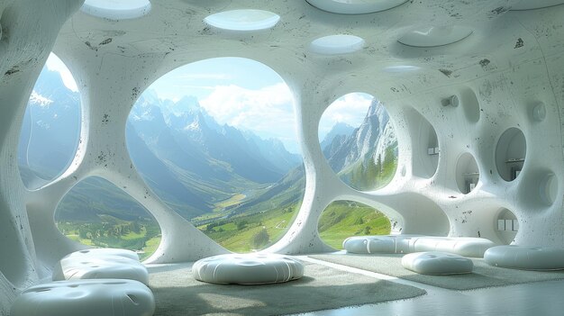 A data center in glowing white It should have organic round curved shapes and window fronts that off