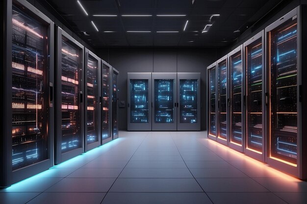 Data center kamer met abstracte data servers en gloeiende led indicatoren ar c v