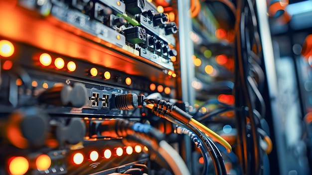 Photo data center rack with wires and cables in a sleek server room