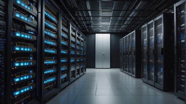 Data center racks in dimly lit server room