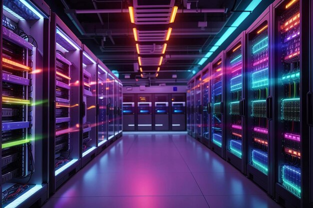 Data center server room netwerkcommunicatie kleurrijke neon server racks en telecommunicatieapparatuur optische vezel in een cuttingedge technologie achtergrond