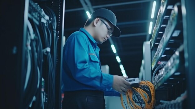 Photo a data center a technician or engineer is inspecting the fiber the generative ai