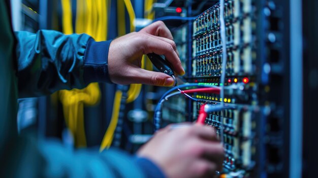 A data center technician handling equipment with an electric blue wrist gesture AIG41