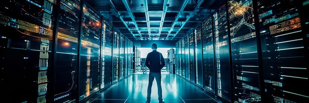 data center technician working with server equipment