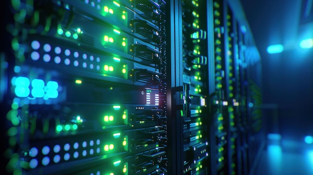 data center with glowing server racks in blue and green hues showcasing advanced technology and digital infrastructure