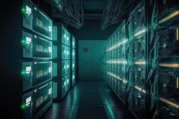 Data center with rows of computers and flashing lights mining bitcoins