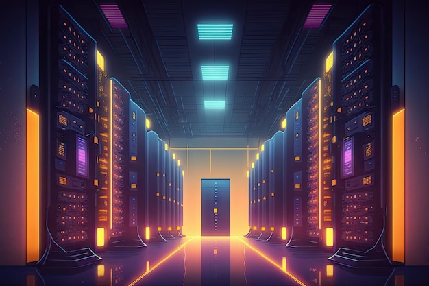 Data center with rows of computers and flashing lights mining bitcoins