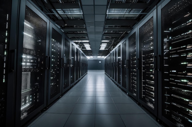 Data center with rows of server racks and cooling systems visible