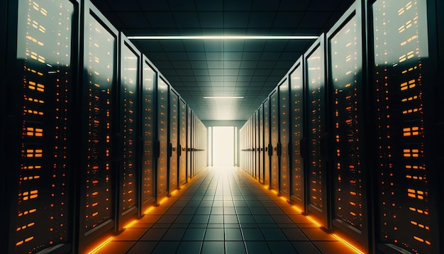 Центр обработки данных с рядами серверов Большая комната хранения данных с множеством мигающих огней Генеративный ИИ