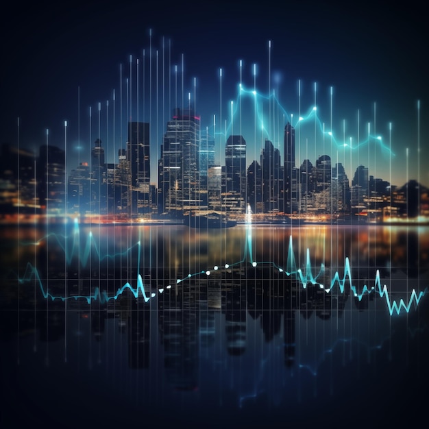 夜の街の景色を背景にしたデータチャート貿易技術投資分析生成AI
