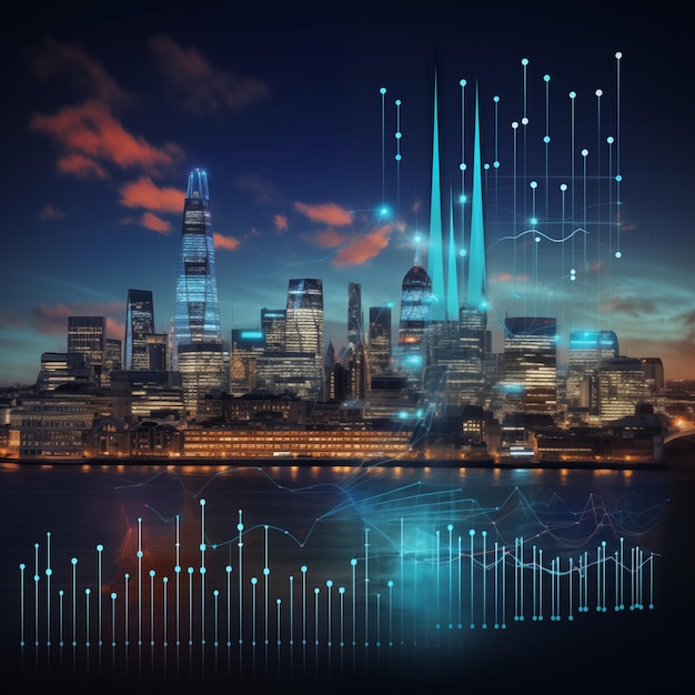 Диаграмма данных на фоне ночного города, торговые технологии, инвестиционный анализ, генеративный ИИ