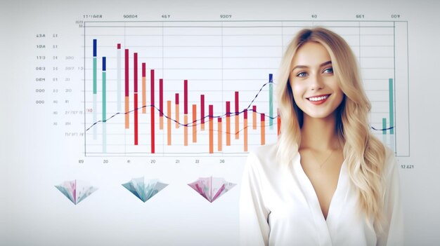 проверка данных улыбающейся женщины на белом фоне с диаграммами на виртуальном экране пустым пространством