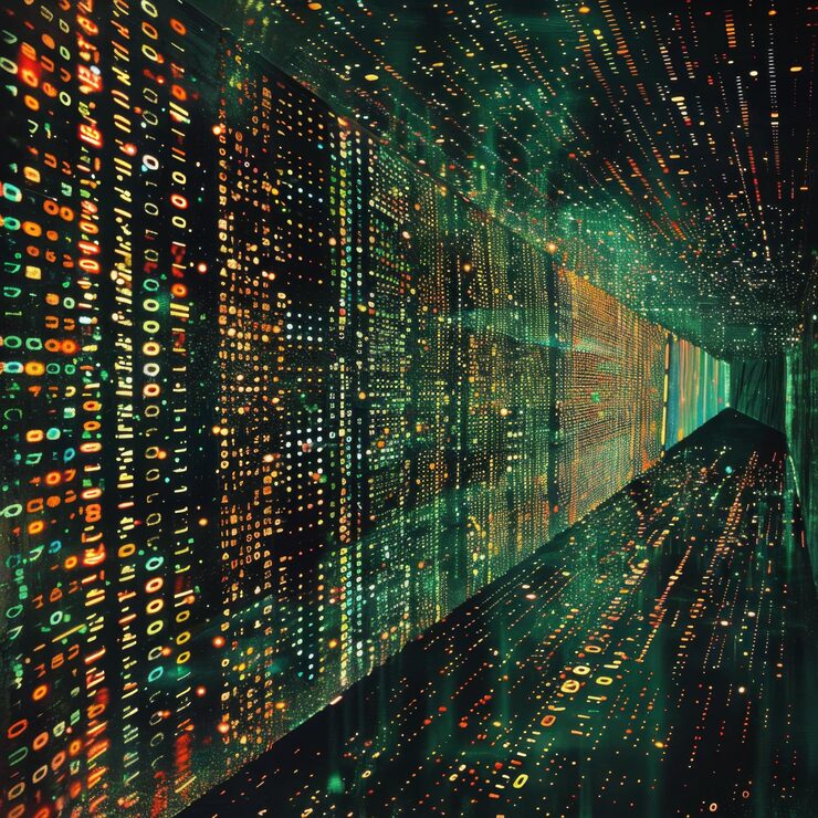 Photo data code binary background digital binary data on computer screen matrix pattern cyberspace bigdata banner