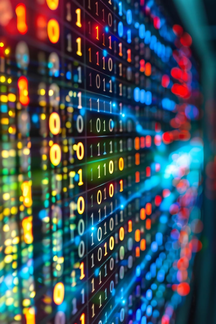 Photo data code binary background digital binary data on computer screen matrix pattern cyberspace bigdata banner