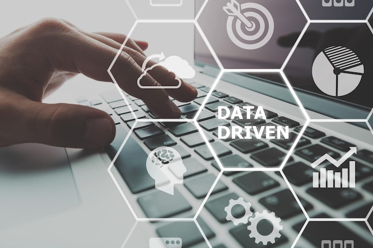 Photo data driven marketing concept. data collection icons with big data analytic. marketing technology.