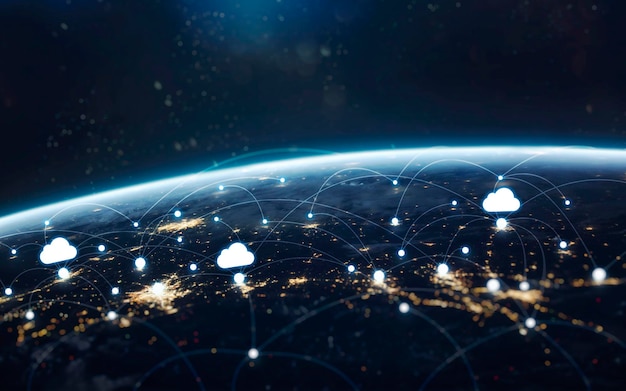 Обмен данными и глобальная сеть по всему миру Земля ночью огни города с орбиты Элементы этого изображения предоставлены НАСА