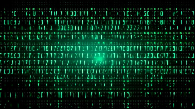 Photo 이진 코드 또는 녹색 숫자라고도 하는 가상 보안 기술의 벡터 숫자가 있는 매트릭스 배경의 디지털 스트림 또는 이진 코드의 데이터 generative ai