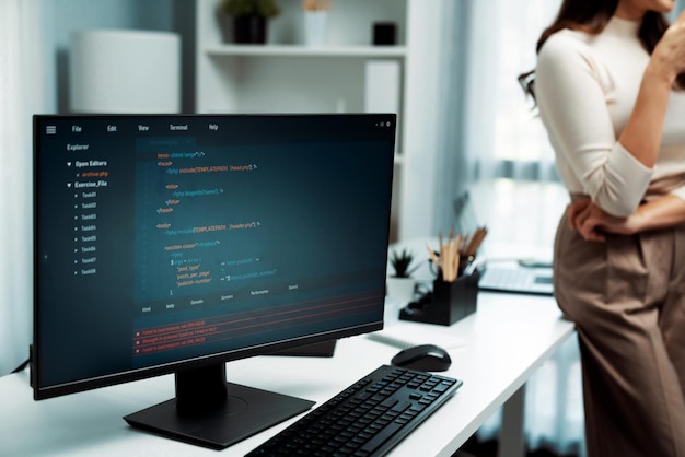 data information showing pc on desk it developer woman leaning back postulate