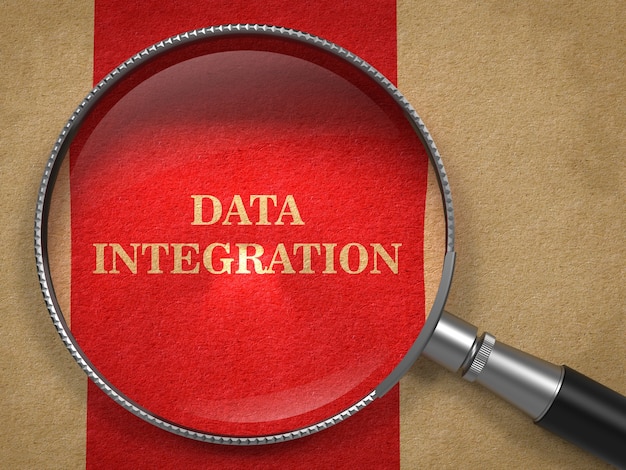 Data Integration concept. Magnifying Glass on Old Paper with Red Vertical Line Background.