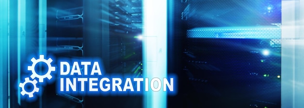 Data integration information technology concept on server room background